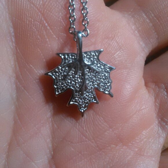 White Diamond Accent Platinum Bond Leaf Pendant Stainless Steel Necklace - Picture 7 of 10